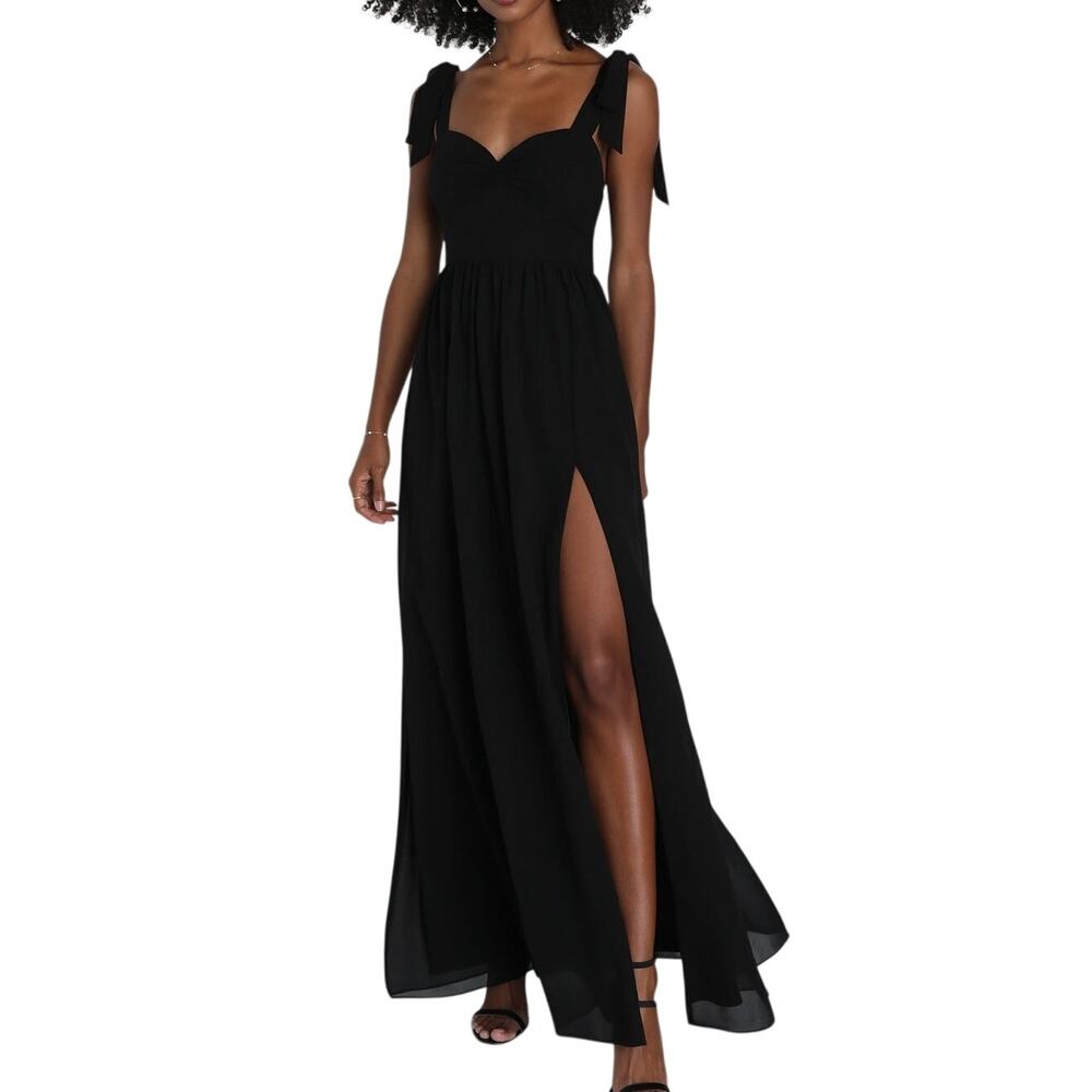 Lulu’s NWT Radiant Charisma Black Chiffon Ruched Tie-Strap Formal Maxi Dress